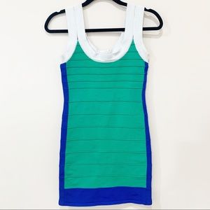 HOT MIAMI STYLES GREEN BLUE & WHITE BANDAGE DRESS